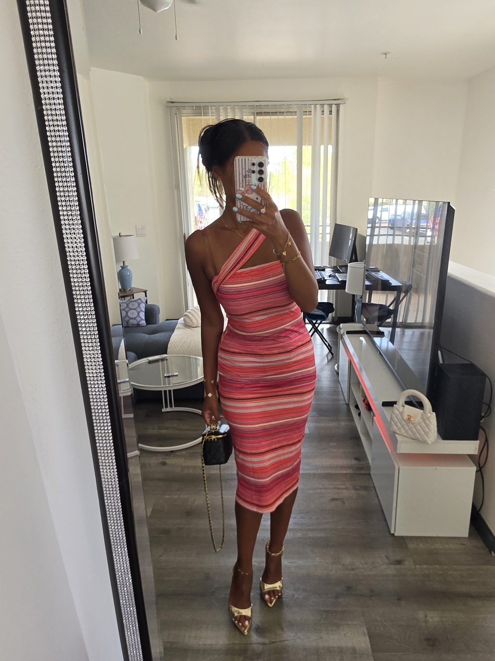 Women's Pink Striped One-Shoulder Bodycon Dress - Picture 9 of 17